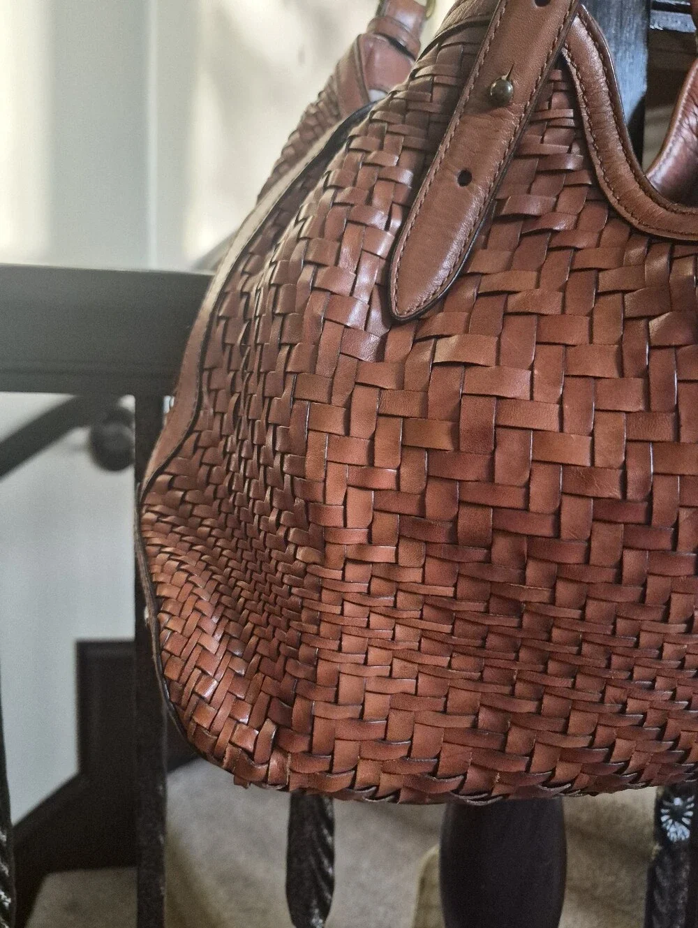 Cole Haan Genevieve Woven Leather Triangle Tote Hobo Bag Brown